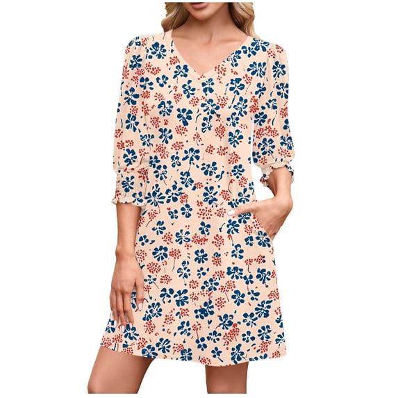 Yangnuo Womens V-Neck 3/4 Ruffle Sleeve Floral Print A Line Mini Dress With Pockets Casual Summer Dress