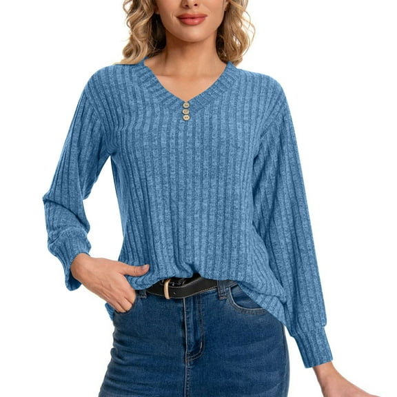 Yangnuo Womens V-neck Sweaters Womens Comfy Trendy Sweaters Women's Long Sleeved V-neck Groove Brushed Pullover Sweater