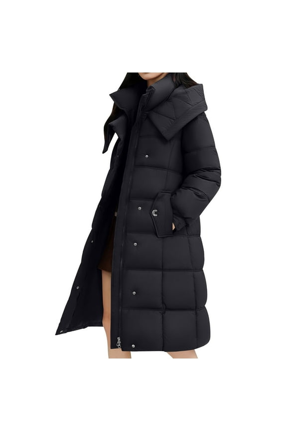 Womens Warm Coat Jacket for Fall Winter Women's Solid Color Thick Coat Hooded Long Over The Knee Down Jacket With Pocket