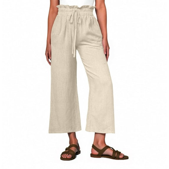 Yangnuo Womens Wide-Leg Loose Comfy Pants Fashion Women's Solid Color Stretch Waist Strap Drawstring Pocket Pants 3/4 Pants