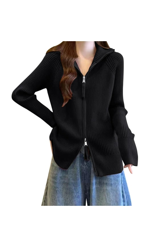 Womens Zip Up Sweaters Jackets Women's Loose-fitting Turtleneck Long-sleeved Knitted Cardigan Sweater Top
