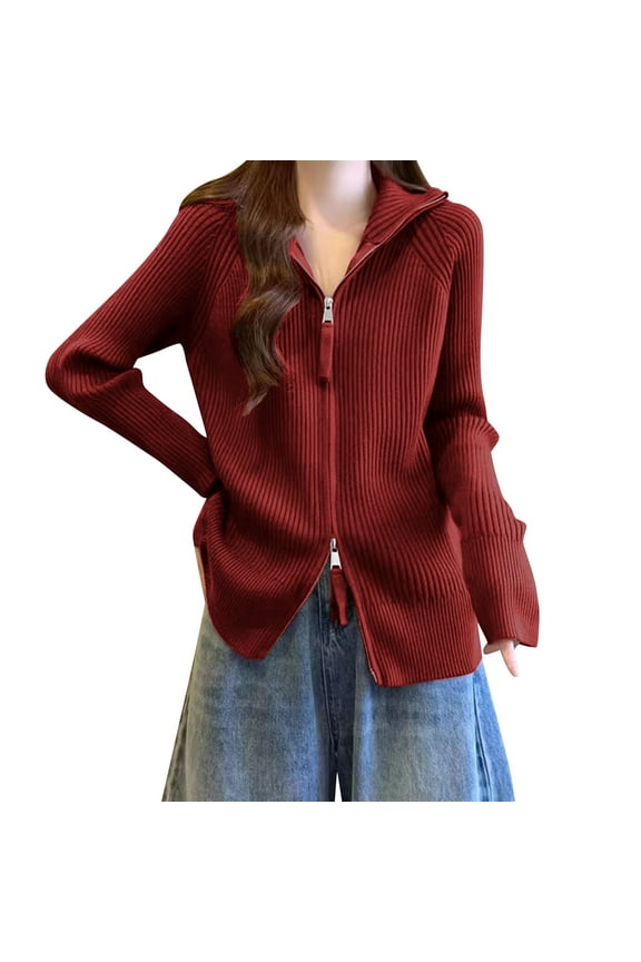Womens Zip Up Sweaters Jackets Women's Loose-fitting Turtleneck Long-sleeved Knitted Cardigan Sweater Top