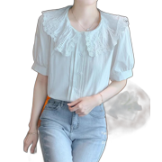 Yangqi Lace Doll Collar Short-Sleeved Shirt Female Summer New Loose Versatile Thin Small Shirt Top Tide Beige L