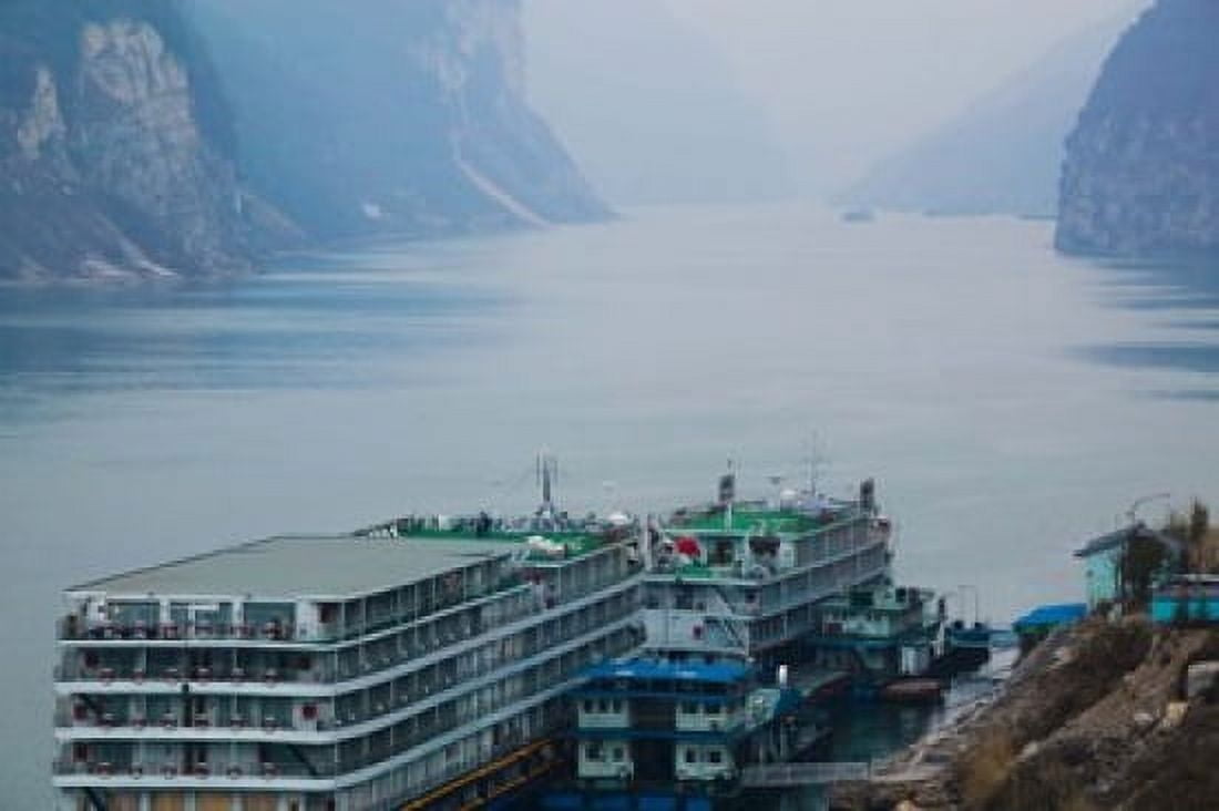 Yangtze River Cruise Ships at anchor Yangtze River Yichang Hubei Province China Canvas Art - Panoramic Images (36 x 24)