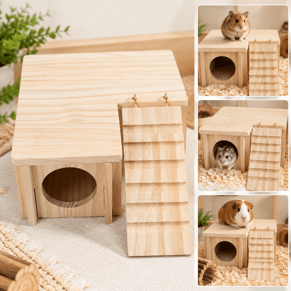 Expandable Wooden Small Animal Habitat Set for Hamster Rabbit Bunny House Small Animals Hideout Hut