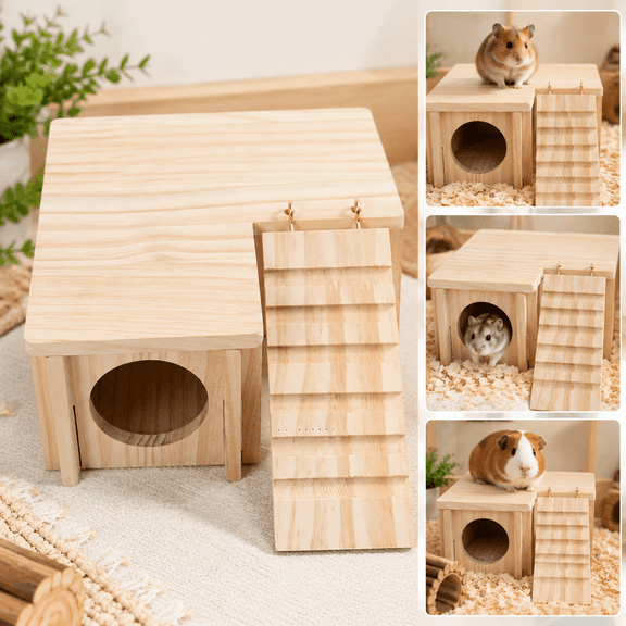 Expandable Wooden Small Animal Habitat Set for Hamster Rabbit Bunny House Small Animals Hideout Hut
