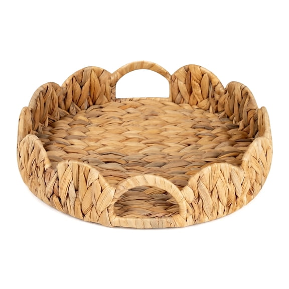 Yangxin Scalloped Edge Round Tray, Serving Tray with Built-in Handles, Decoratve for Coffee Table, Rattan