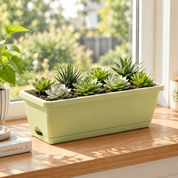 15" Plastic Window Box Planter with Saucer Tray: 100% Recycled Plastic, for Window Sill & Ledge, Green