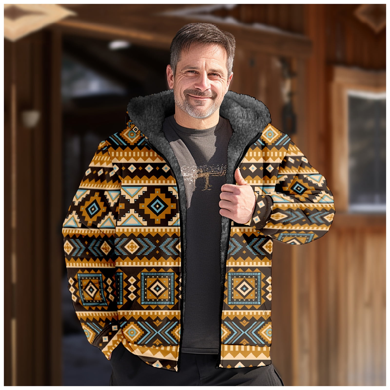 Yanhaigong Aztec Jacket Men,Fleece Lined Aztec Hooded Jacket,Sherpa