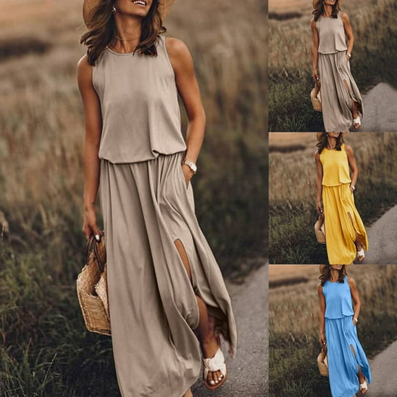 Yanhaigong Plus Size Dresses for Women Casual,YANHAIGONG Sundresses for Women 2025 ,Casual Sleeveless Crewneck Long Maxi Dresses Summer Side Split Flowy Beach Tank Dress with Pockets