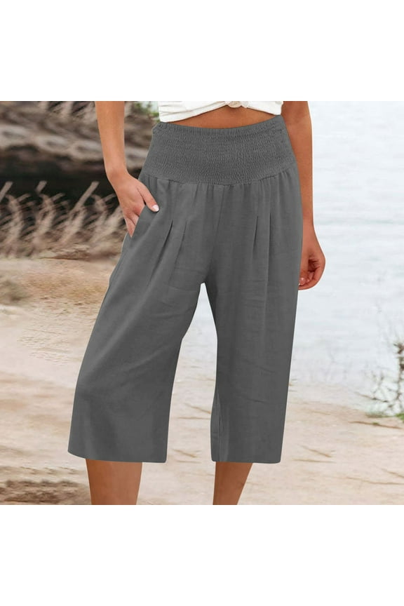 Women's Yoga Capris Wide Leg with Pockets Casual Summer Cotton Yoga Wide Leg Lounge Athletic Jersey Walking Loose Workout Capri Pants Pocketed Yoga Capris for Women Loose Fit