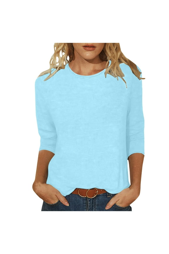 Womens Tops 3/4 Sleeve Crew Neck Lightweight Cooling Shirts Business Casual Outfits Basic Tees Summer Top 2026 Light Blue,M