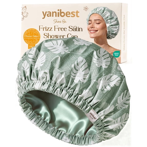 Yanibest Shower Cap for Women Reusable Waterproof,Satin Lined Bath Cap with Soft Elastic Band,Large Washable Hair Caps for Shower
