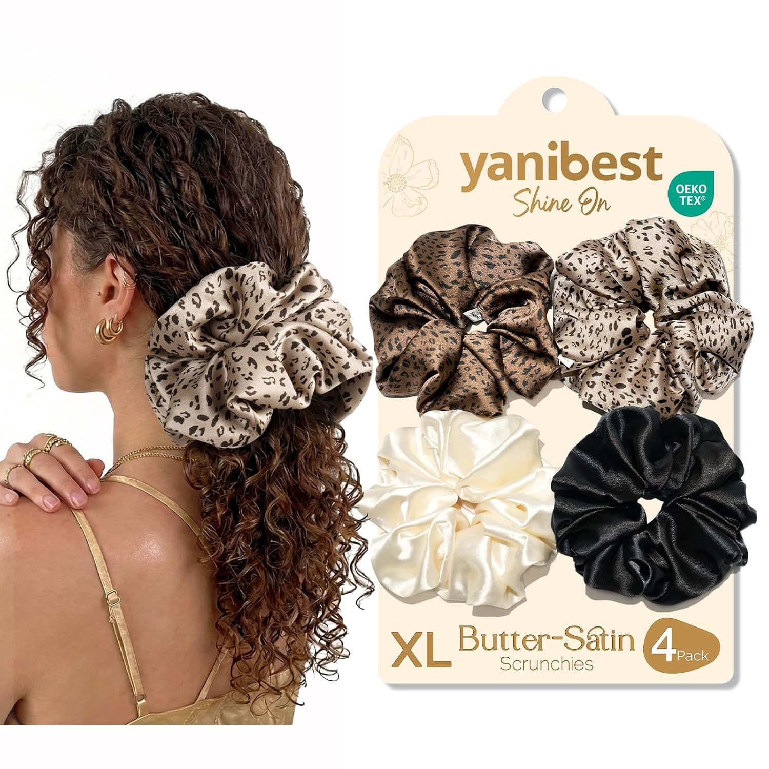 Yanibest Oversized 4 pcs Silk Scrunchies for Women & Girls,Big Satin Hair Scrunchies,Jumbo Damage-Free Hair Ties,Leopard