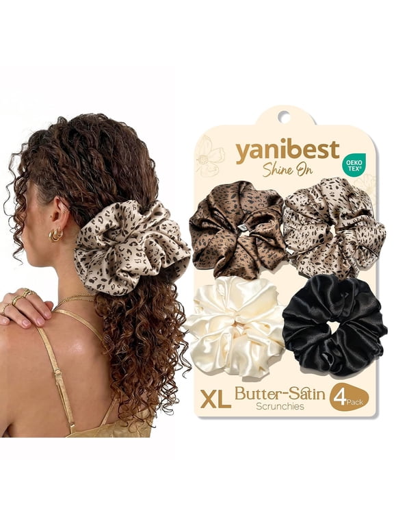Oversized 4pcsSilk Scrunchies for Women & Girls,Big Satin Hair Scrunchies,Jumbo Damage-Free Hair Ties,Leopard
