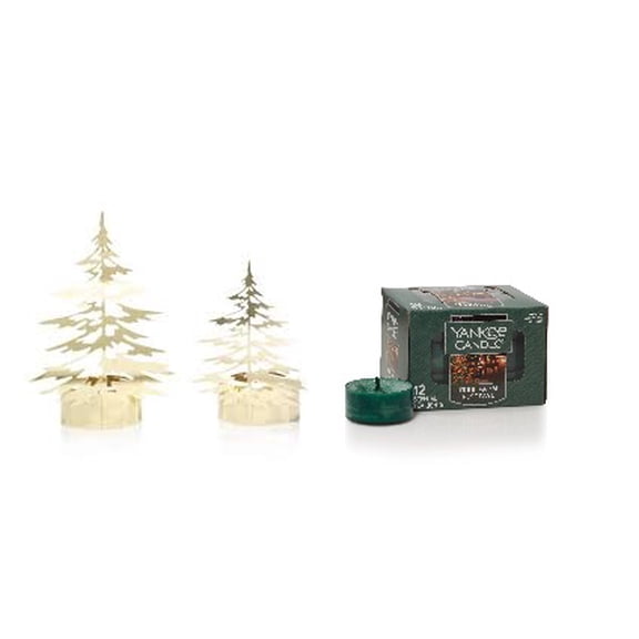 Yankee Candle 2 Metal Die-Cut Gold Trees Tea Light Holders with 12 Tree Farm Festival Tea Lights