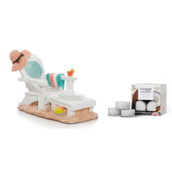 Yankee Candle Beach Day Chair Multi Tea Light Holder Gift Set with 12 Coconut Beach Scented Tea Lights