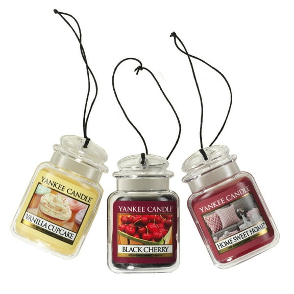 Yankee Candle Car Air Fresheners, Hanging Car Jar Ultimate 3-pack, Includes: 1 Vanilla Cupcake, 1 Black Cherry, and 1 Home Sweet Home