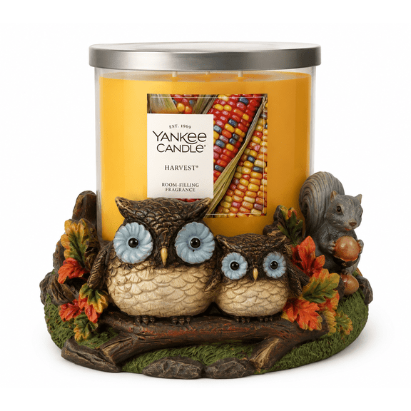 Yankee Candle Ceramic Owl, Squirrels, and Fall Critters Large Jar Candle Holder with a Harvest 3-Wick Tumbler Candle Candle 2 pc Set