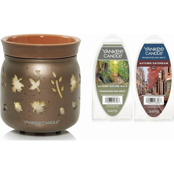 Yankee Candle Dancing Leaves Electric Wax Warmer with LED and Timer and an Autumn Nature Walk and an Autumn Daydream Wax Melts