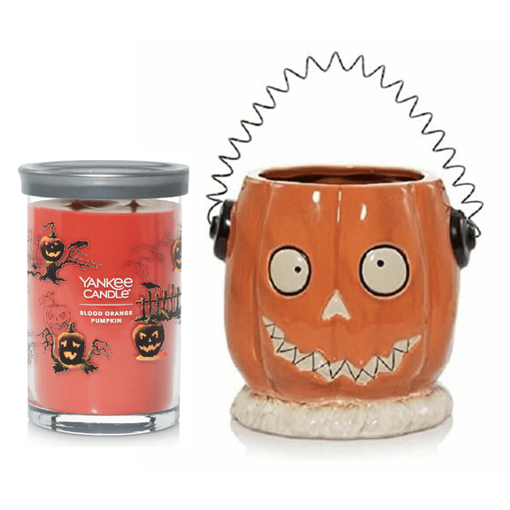 Yankee Candle Halloween Blood Orange Pumpkin Large 2-Wick Tumbler Candle and a Boney Bunch Candy Buzz Asylum Pumpkin Funny Face Jar Candle Holder/Candy Dish