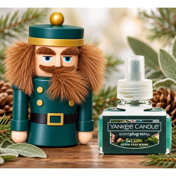 Yankee Candle Holiday Green Nutcracker Scentplug Diffuser with a Silver Sage & Pine Home Fragrance Electric Refill
