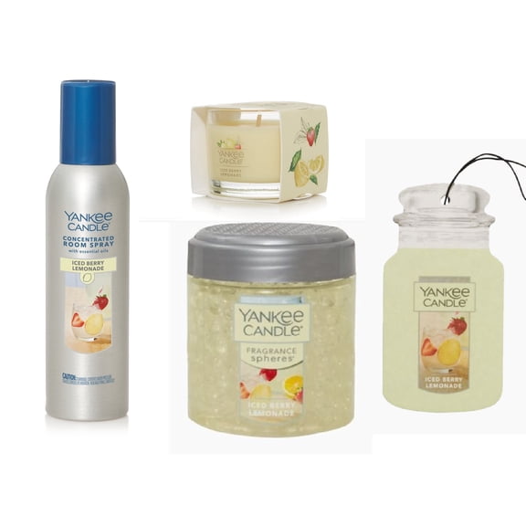 Yankee Candle ICED BERRY LEMONADE Home/Car Air Freshener Gift Set with Odor Neutralizing Scent Beads, a Concentrated Room Spray, a Mini Votive Candle, and a Car Jar 4-pcs Gift Packaged