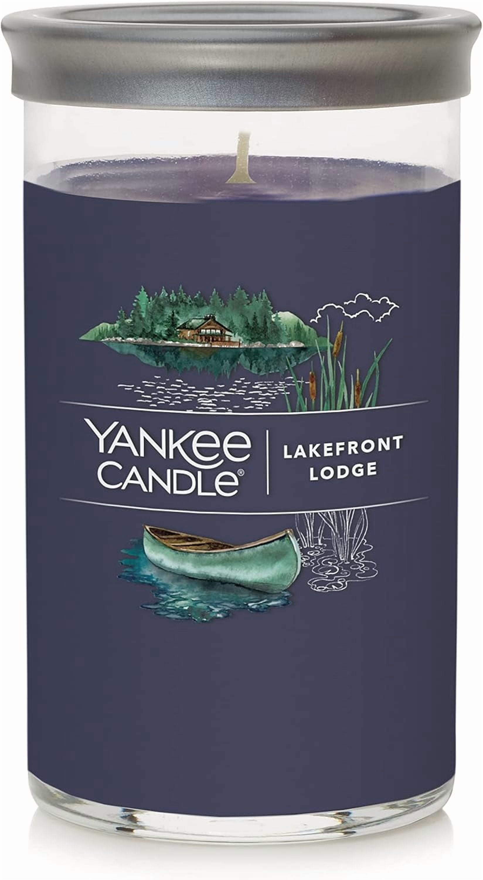 Yankee Candle Lakefront Lodge Signature Medium Pillar Candle - 14.25oz., Dark Blue - Soy Wax Blend, Metal Lid Coaster
