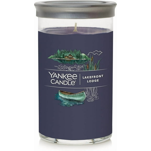 Yankee Candle Lakefront Lodge Signature Medium Pillar Candle - 14.25oz., Dark Blue - Soy Wax Blend, Metal Lid Coaster