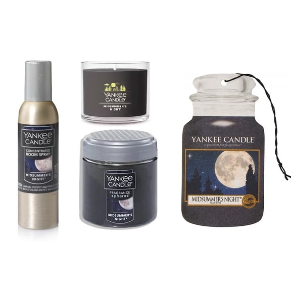 Yankee Candle Midsummer Night Home/Car Air Freshener Gift Set with Odor Neutralizing Scent Beads, a Concentrated Room Spray, a Midsummer's Mini Votive Candle, and a Car Jar 5-pcs Gift Packaged