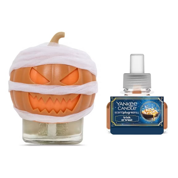 Yankee Candle PUMPKIN MUMMY Scent-Plug Diffuser Base with Light and a Trick or Treat Home Fragrance Electric Refill - 2 pc Set