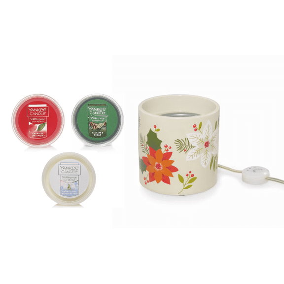 Yankee Candle Poinsettia Scenterpiece Warmer with Timer and a Cherries on Snow, a Snow Golbe Wonderland, and a Balsam & Cedar Meltcups