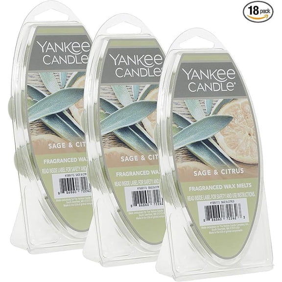 Yankee Candle Sage & Citrus Wax Melts, 3 Packs of 6 (18 Total),Medium Green