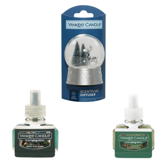 Yankee Candle Scent plug Diffuser Snow Globe With Light Sensor, Scent Plug Refill Silver Sage & Pine and Balsam & Cedar