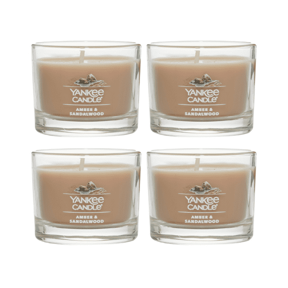 Yankee Candle Signature Votive Mini Candle, Amber & Sandalwood Scent, 1.3 oz Glass Jar (Pack of 4)