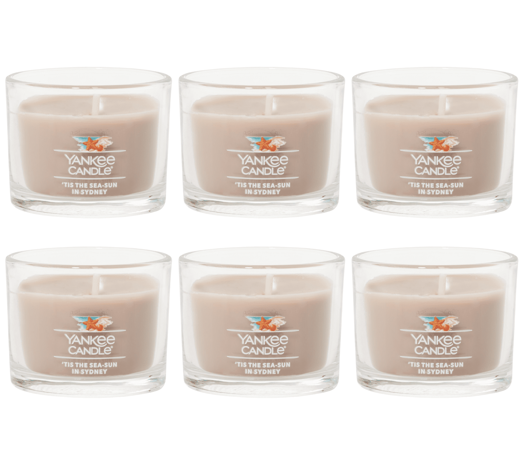 Yankee Candle Signature Votive Mini Candle Jar, Tis the Sea-Sun in Sydney Scent, Natural Soy Wax Blend Candle with Natural Fiber Wick, 1.3 oz Glass Jar (Pack of 6)