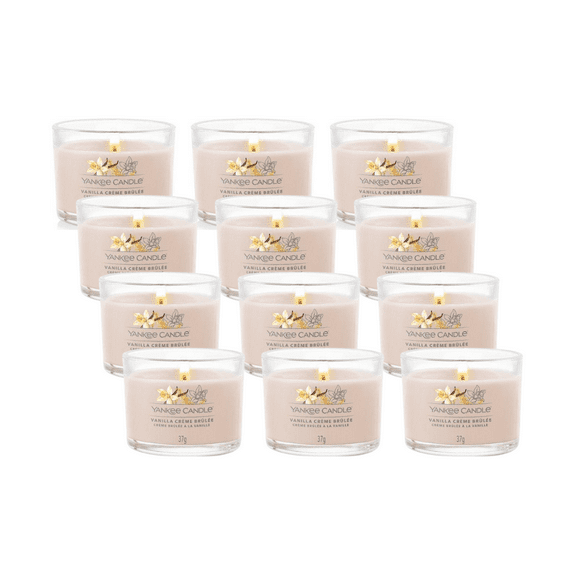 Yankee Candle Signature Votive Mini Candle Jar, Vanilla Creme Brulee Scent, 1.3 oz Glass Jar (Pack of 12)