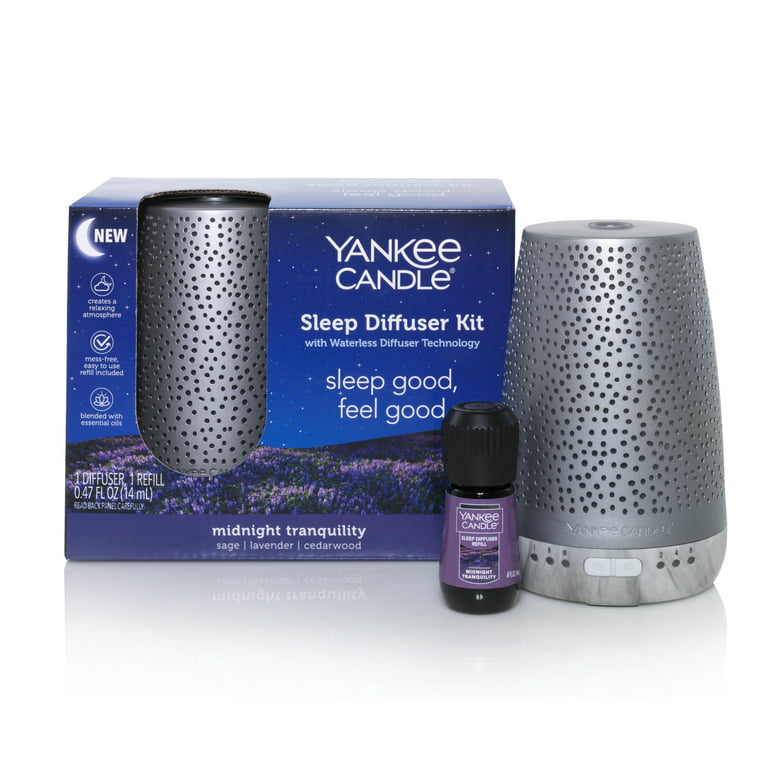Yankee Candle Sleep Diffuser Kit  Silver, Includes Diffuser for Essential  Oils and Midnight Tranquility Oil Refill, up to 30 Nights of Relaxing  Fragrance 