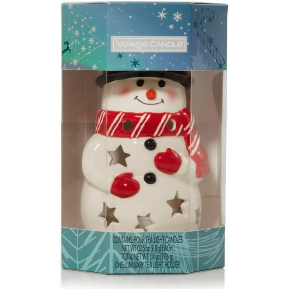 Yankee Candle Snowman Candle Holder Gift Set - Ceramic Tea Light Snowman Luminary with 4 Sparkling Cinnamon Tea Lights