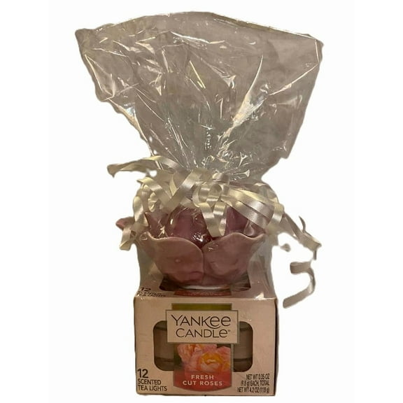 Yankee Candle Spring Cherry Blossom Porcelain Tea Light Holder Gift Set with 12 Yankee Fresh Cut Roses Tea Lights