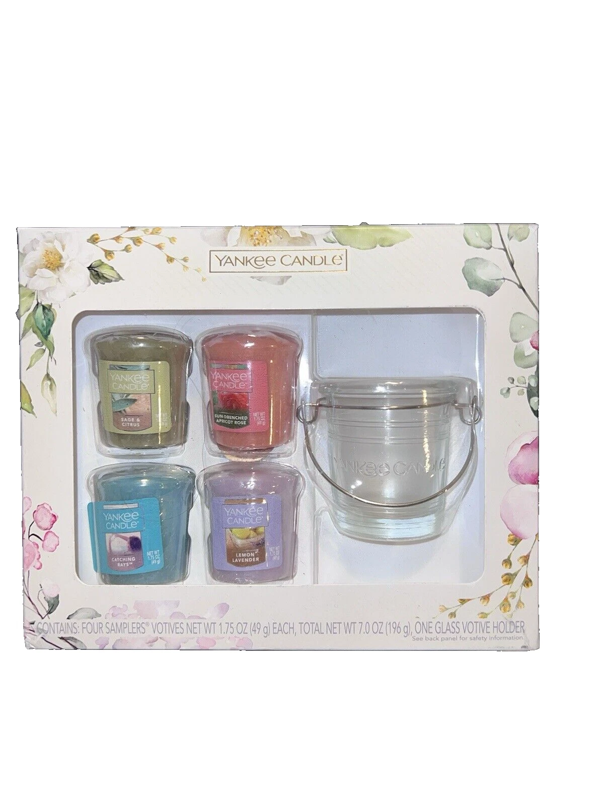 Yankee Candle Spring Favorites Votive Boxed Gift Set with 4 Votives and a Glass Votive Holder - Catching Rays, Sage & Citrus, Lemon Lavender, Apricot Rose