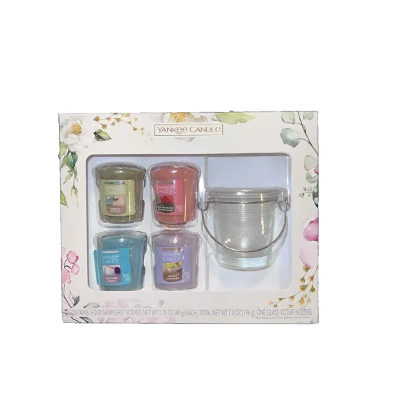 Yankee Candle Spring Favorites Votive Boxed Gift Set with 4 Votives and a Glass Votive Holder - Catching Rays, Sage & Citrus, Lemon Lavender, Apricot Rose