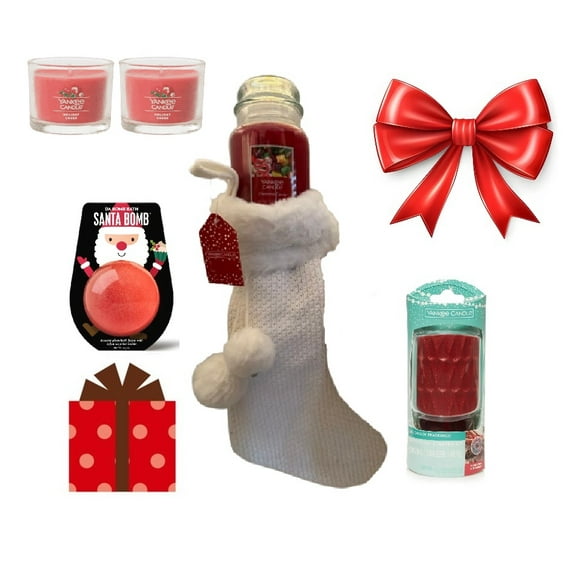 Yankee Candle White Knit Christmas Stocking Gift Set with a Large Christmas Candy Jar Candle, 2 Holiday Cheer Minis and More!!