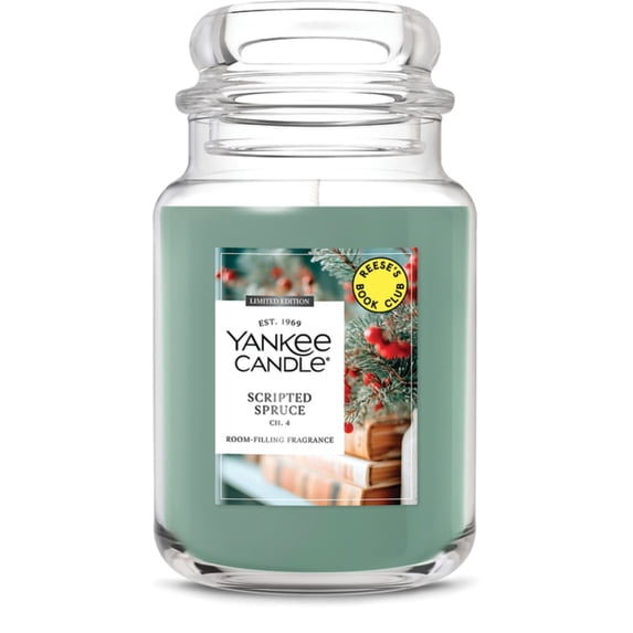 Yankee Candle, Reese’s Book Club, Scripted Spruce, Winter Scented Candle, Fir Needles Scent, Crisp Sea Salt Scent, 22oz Large Jar Candle with up to 150 Hours Burn Time, Giftable