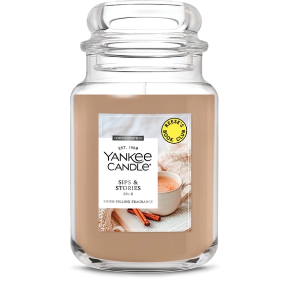 Yankee Candle x Reese’s Book Club, Sips & Stories, Fall Scented Candle, Ground Nutmeg Scent, Tonka Bean Scent, 22oz Large Jar Candle with up to 150 Hours Burn Time, Giftable