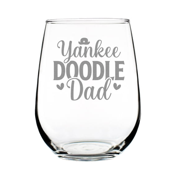 Yankee Doodle Dad Stemless Wine Glass, Hand Engraved, Etched 17oz Unique Father's Day Gift, Patriotic Gift
