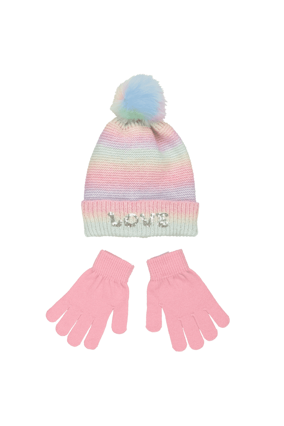 Rainbow Knit Acrylic Pom Pom Hat and Glove Set - Girls