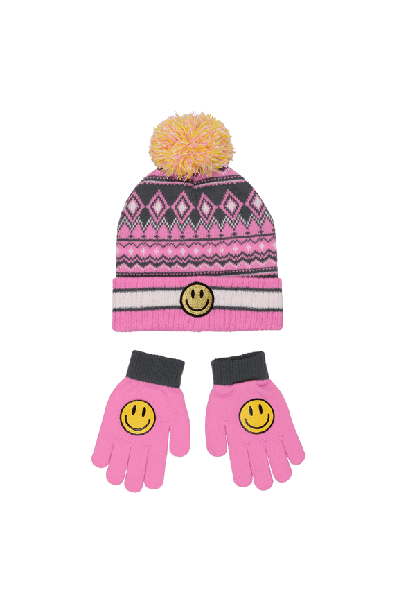 Yankee Toybox Big Kids Smiley Face Knit Pom Hat and Gloves Set PL15580