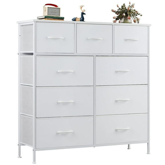 ZUNMOS Fabric Storage Dresser with 9 Drawers, Steel Frame and Wooden Top for Bedroom, Closet and Entryway , White