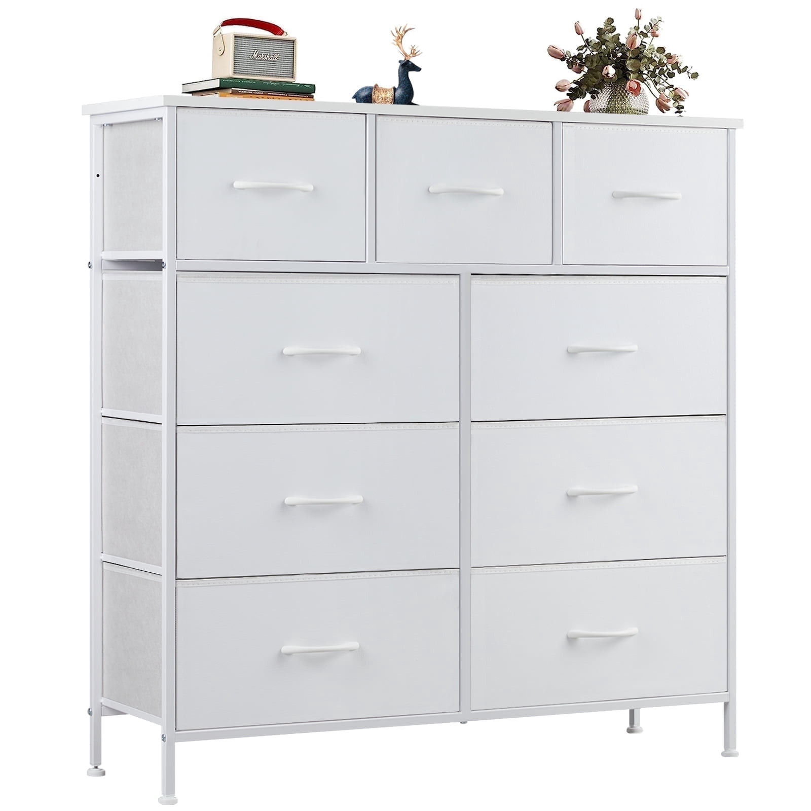 edx Fabric Storage Dresser with 9 Drawers, Steel Frame and Wooden Top for Bedroom, Closet and Entryway , White